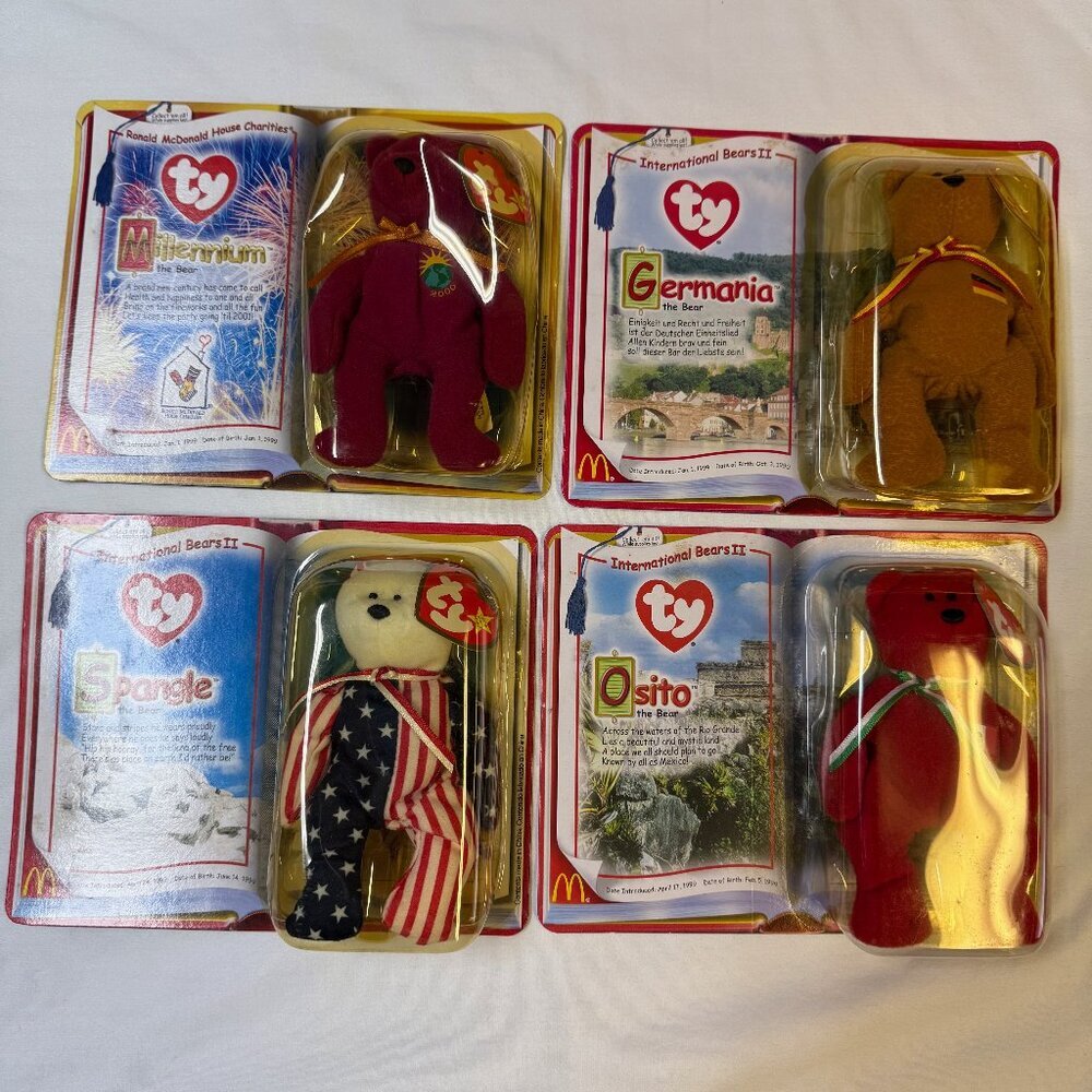 McDonalds Ty Beanie Babies 2000 Set of 4 NIB Osito, Spangle, Millenium, Germania